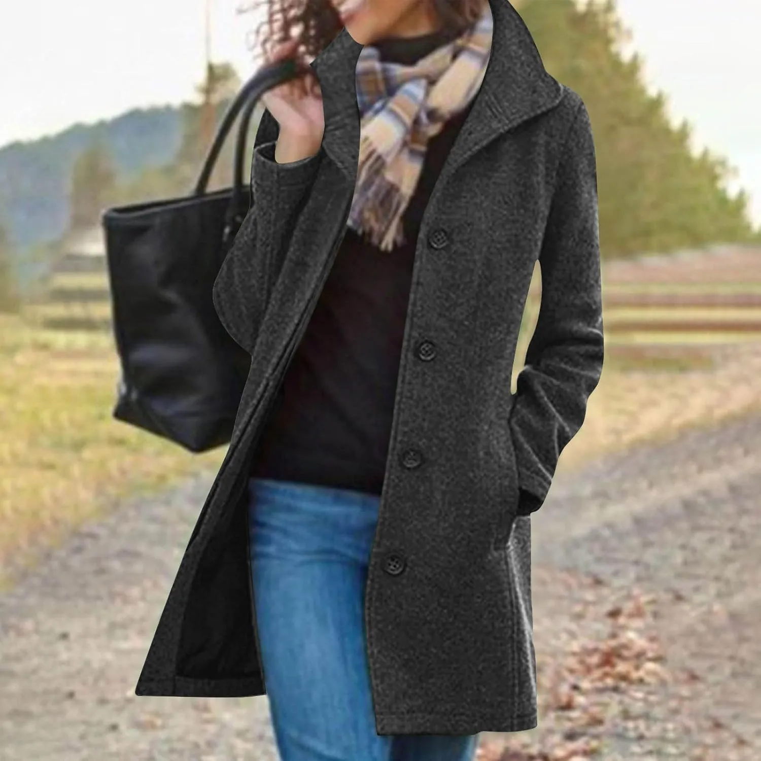 Wool Coats for Women Single Breasted Overcoat Winter Pea Coat Stand Collar Long Jacket Warm Wool Over Coats