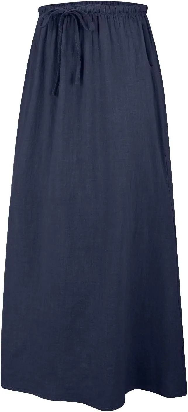 XOWRTE Linen Maxi Skirts for Women Trendy Summer Comfy Drawstring Waist A Line Skirts Cute Vacation Boho Long Flowy Skirts