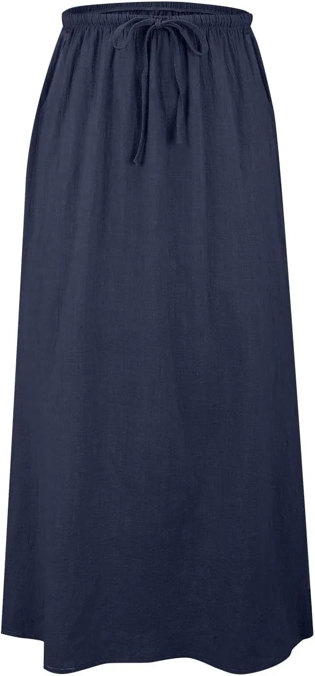XOWRTE Linen Maxi Skirts for Women Trendy Summer Comfy Drawstring Waist A Line Skirts Cute Vacation Boho Long Flowy Skirts