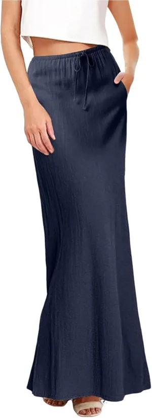 XOWRTE Linen Maxi Skirts for Women Trendy Summer Comfy Drawstring Waist A Line Skirts Cute Vacation Boho Long Flowy Skirts