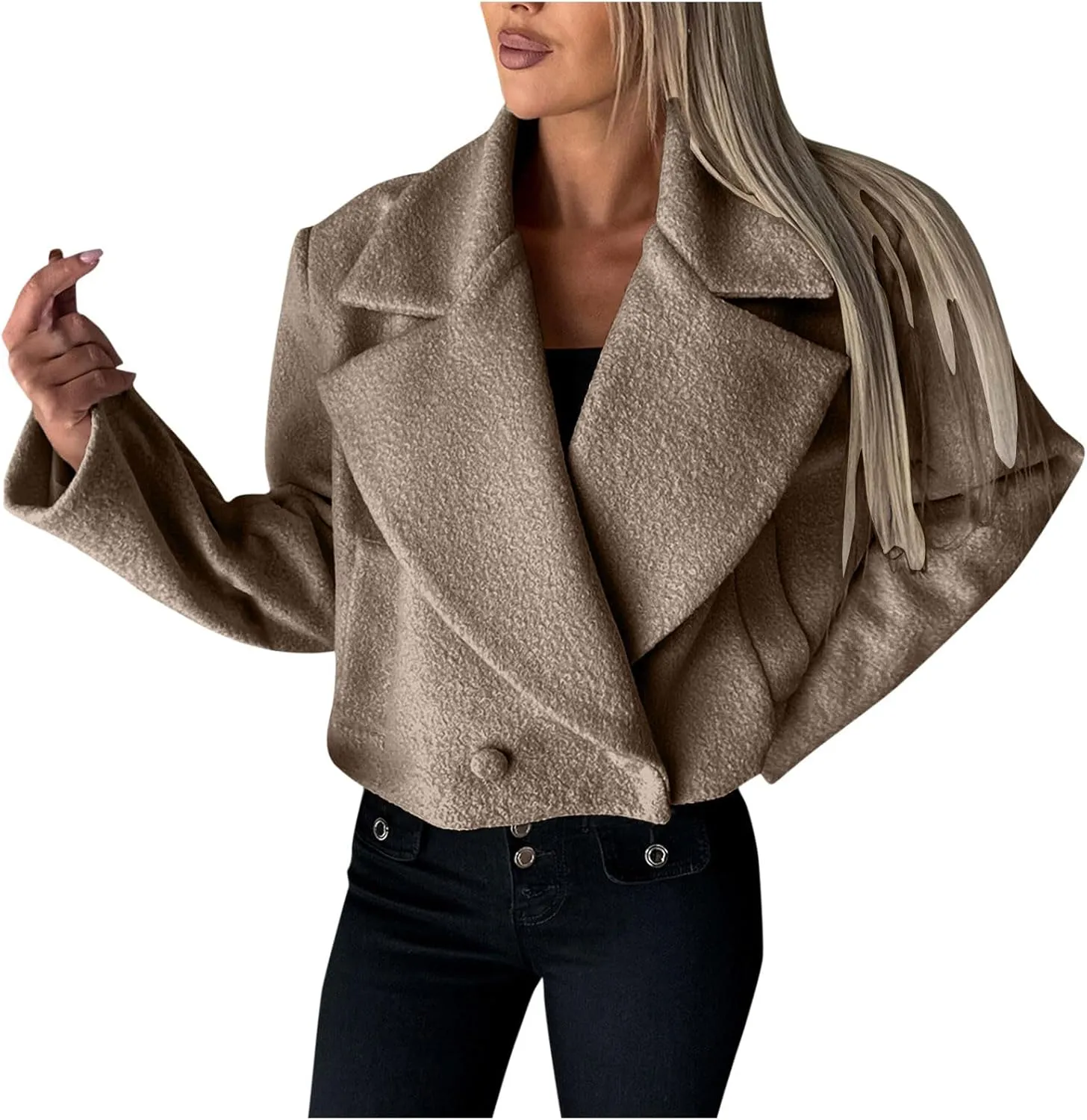 yardsong Cropped Pea Coat Women Wool Blend Notched Lapel Collar Long Sleeve Casual Jackets Fashion Long Sleeve Outwear