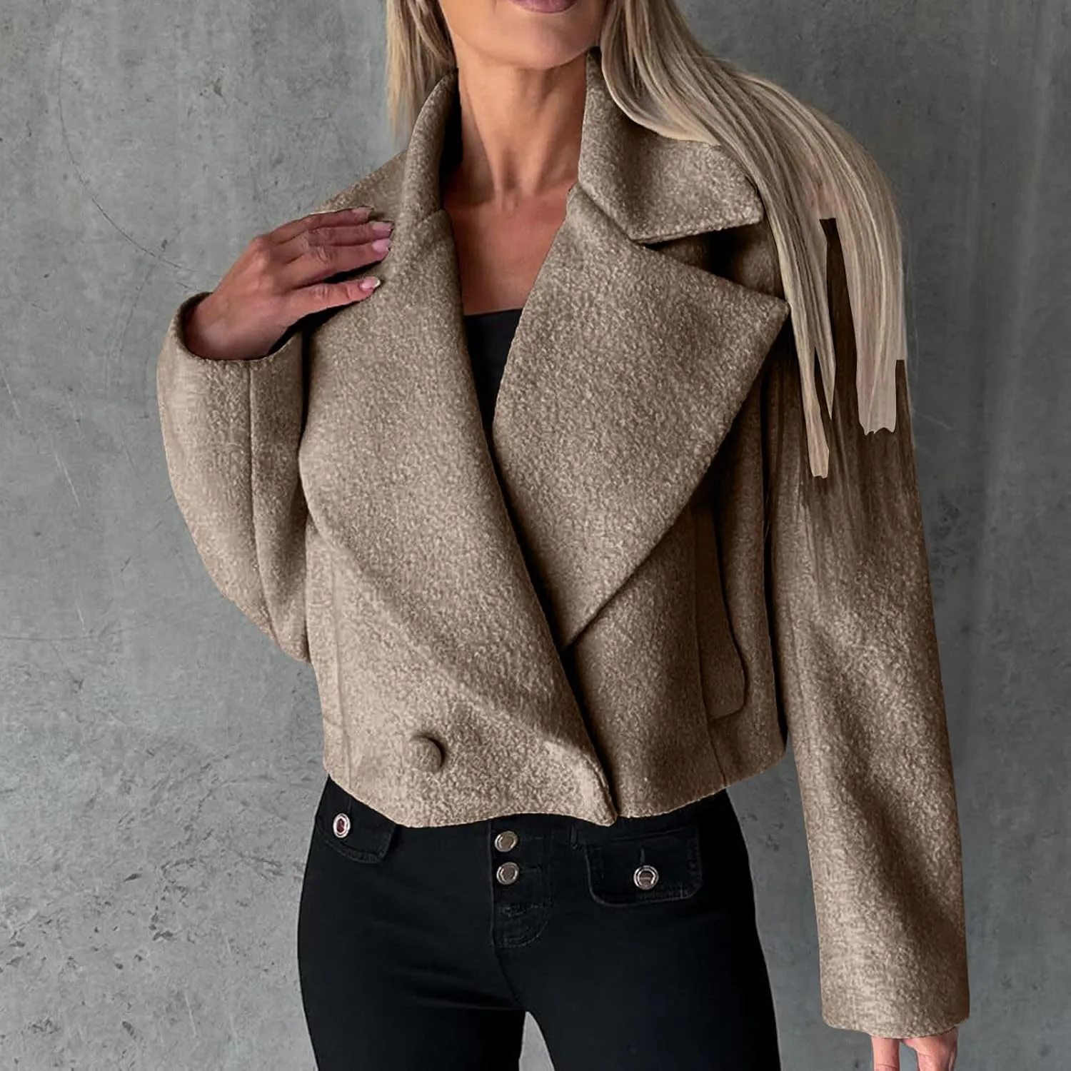 yardsong Cropped Pea Coat Women Wool Blend Notched Lapel Collar Long Sleeve Casual Jackets Fashion Long Sleeve Outwear