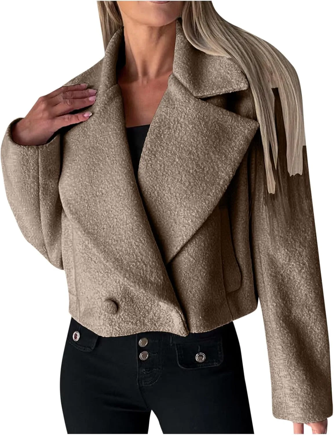 yardsong Cropped Pea Coat Women Wool Blend Notched Lapel Collar Long Sleeve Casual Jackets Fashion Long Sleeve Outwear