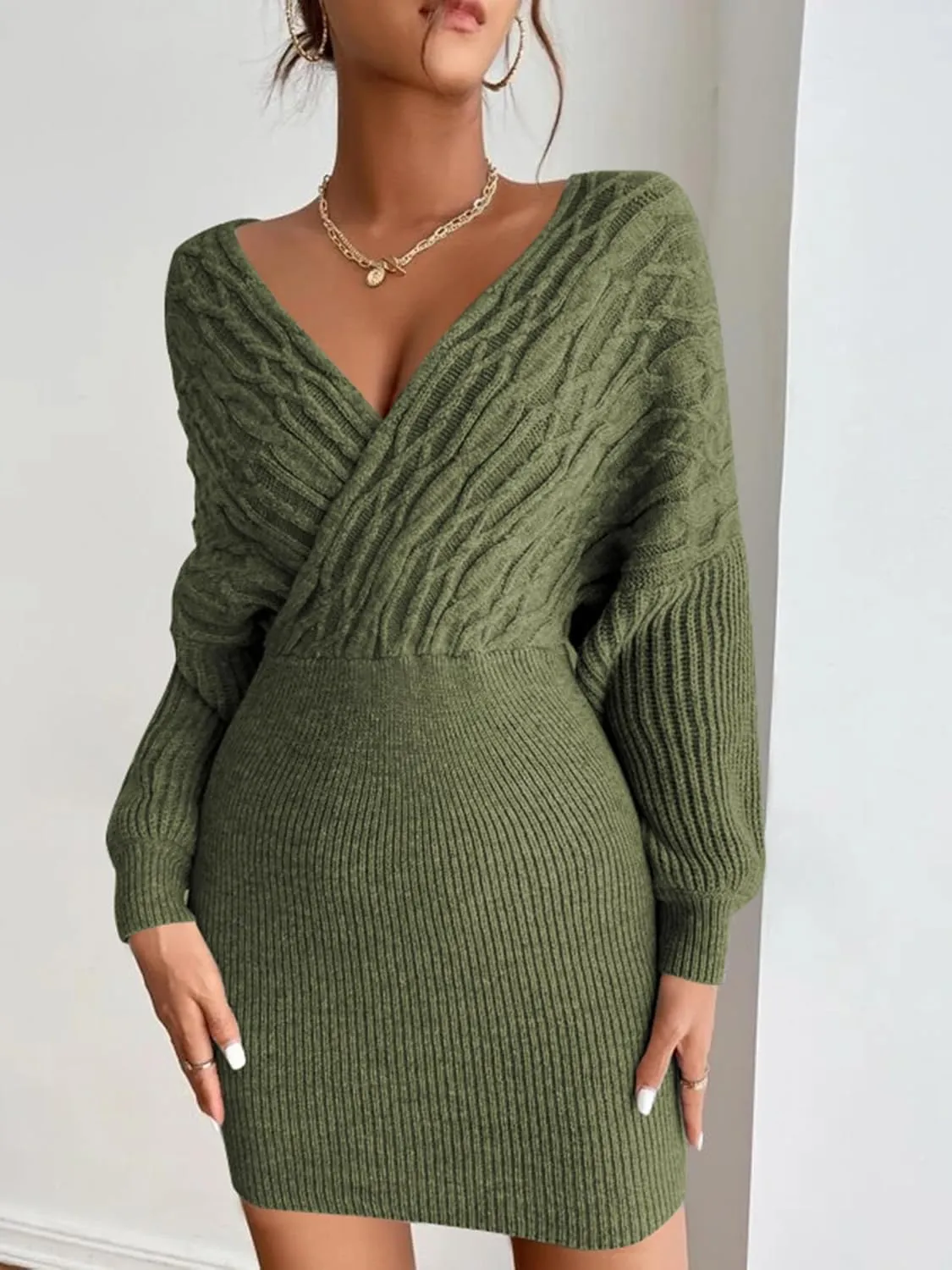 ZAFUL Women Surplice Neck Sweater Dress Pullover Sweater Casual Batwing Sleeve Mini Bodycon Dress