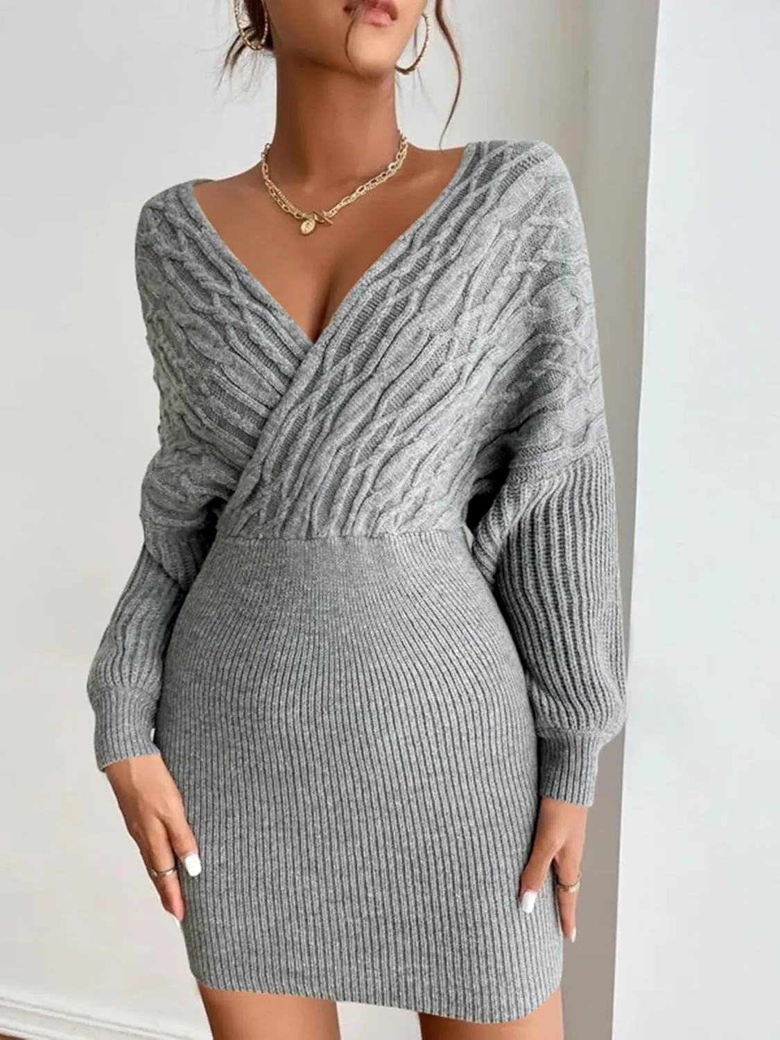 ZAFUL Women Surplice Neck Sweater Dress Pullover Sweater Casual Batwing Sleeve Mini Bodycon Dress
