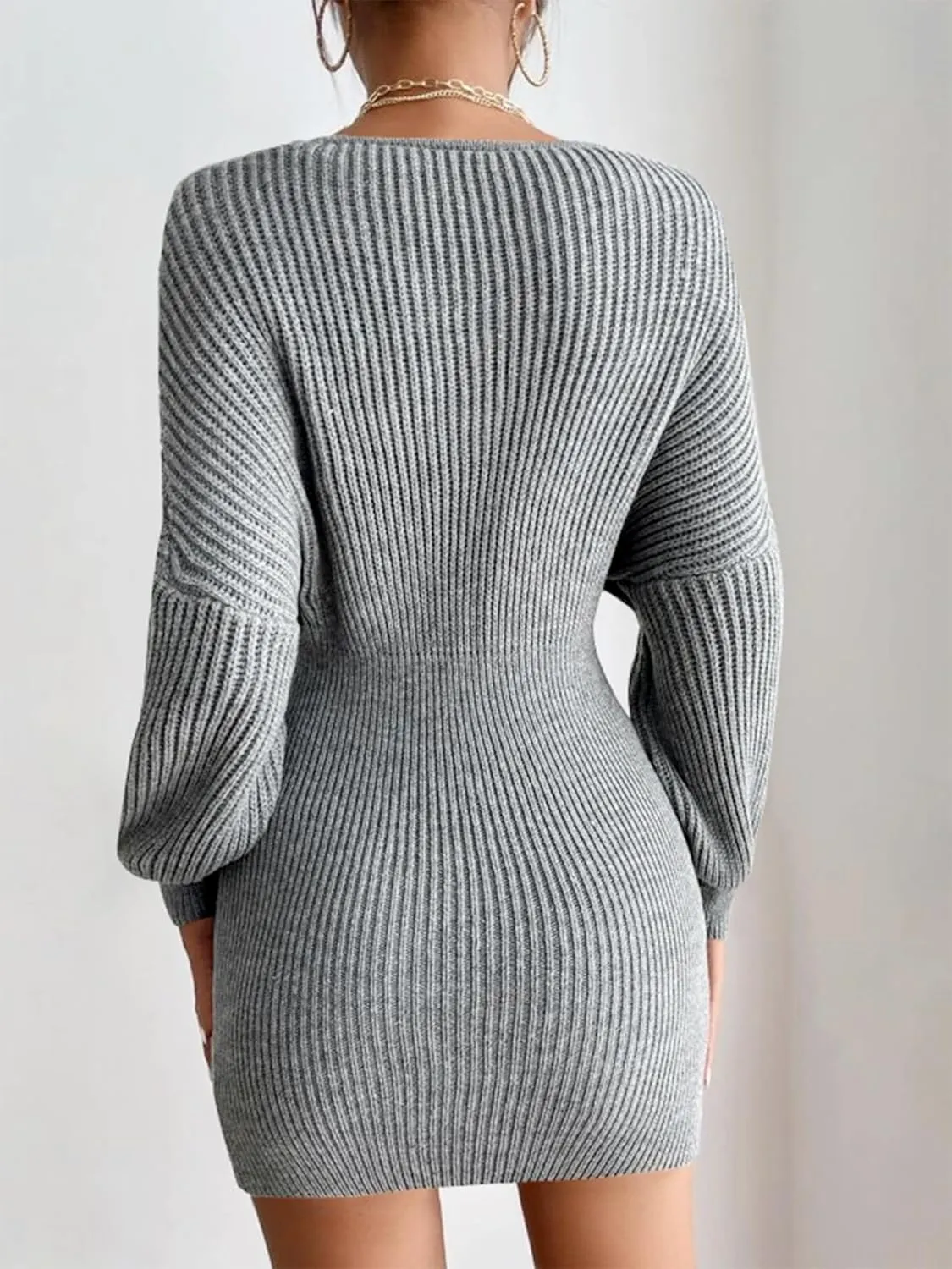 ZAFUL Women Surplice Neck Sweater Dress Pullover Sweater Casual Batwing Sleeve Mini Bodycon Dress