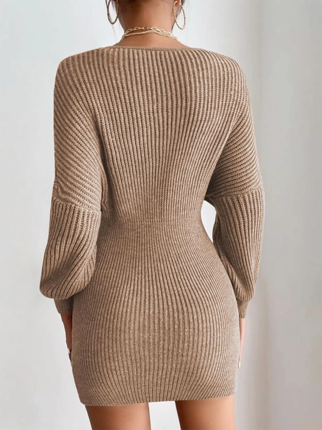 ZAFUL Women Surplice Neck Sweater Dress Pullover Sweater Casual Batwing Sleeve Mini Bodycon Dress