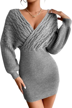 ZAFUL Women Surplice Neck Sweater Dress Pullover Sweater Casual Batwing Sleeve Mini Bodycon Dress