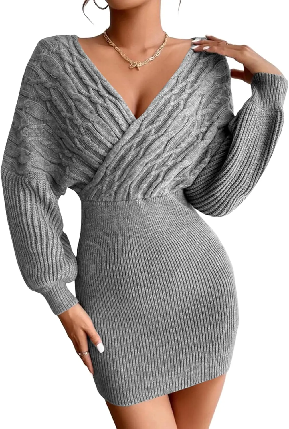 ZAFUL Women Surplice Neck Sweater Dress Pullover Sweater Casual Batwing Sleeve Mini Bodycon Dress