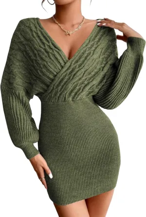 ZAFUL Women Surplice Neck Sweater Dress Pullover Sweater Casual Batwing Sleeve Mini Bodycon Dress