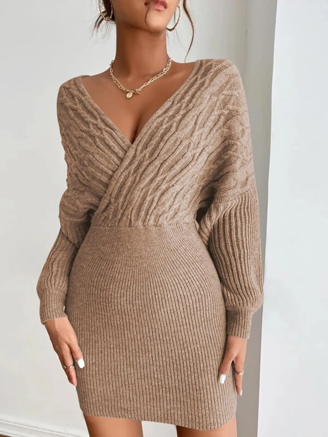 ZAFUL Women Surplice Neck Sweater Dress Pullover Sweater Casual Batwing Sleeve Mini Bodycon Dress