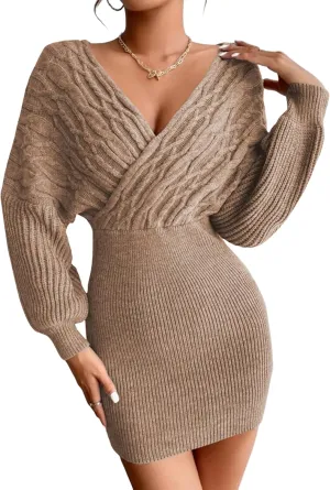 ZAFUL Women Surplice Neck Sweater Dress Pullover Sweater Casual Batwing Sleeve Mini Bodycon Dress