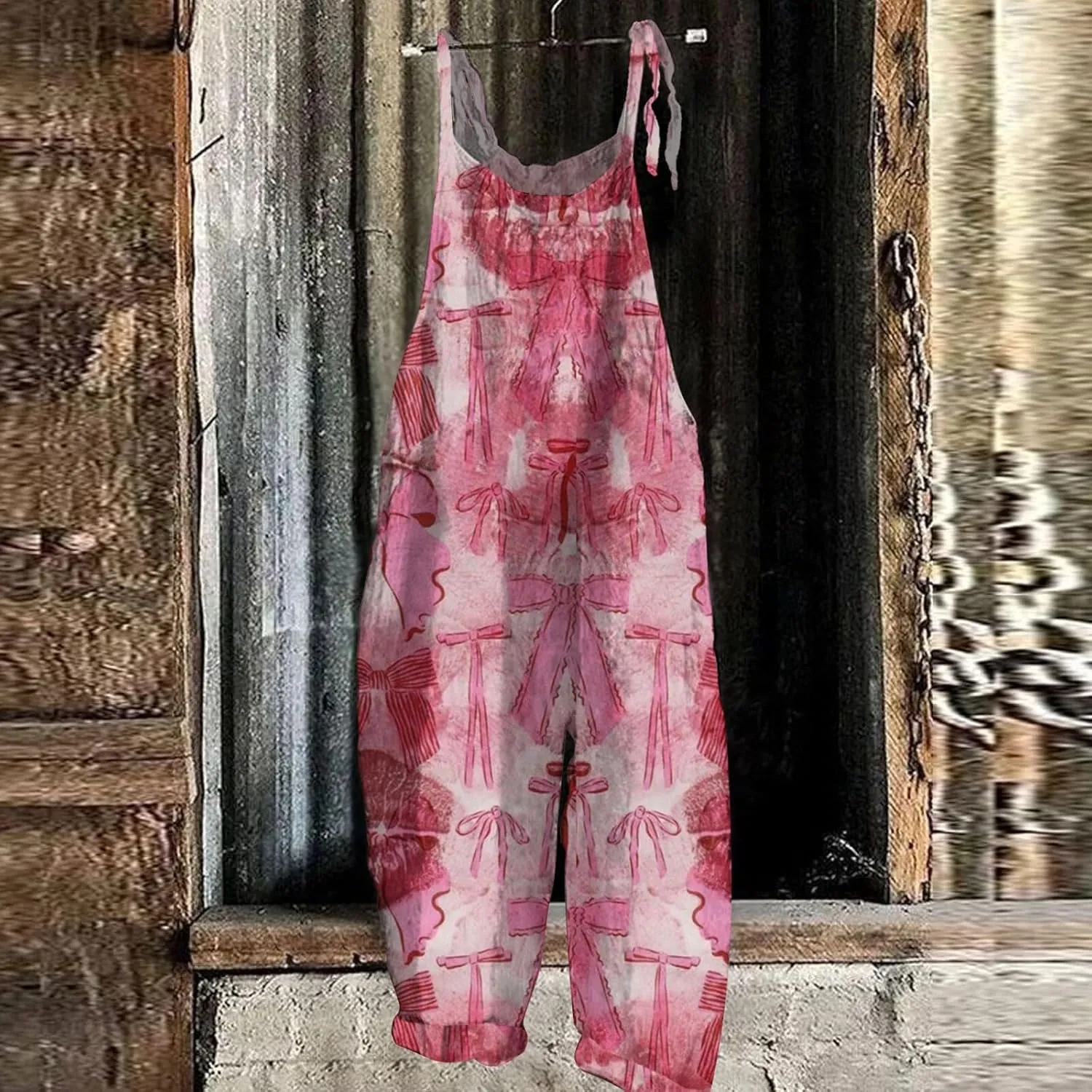 ZEFOTIM Women Jumpsuit Bow Printed Rompers Round Neck Jumpers Casual Spaghetti Straps Overalls with Pockets