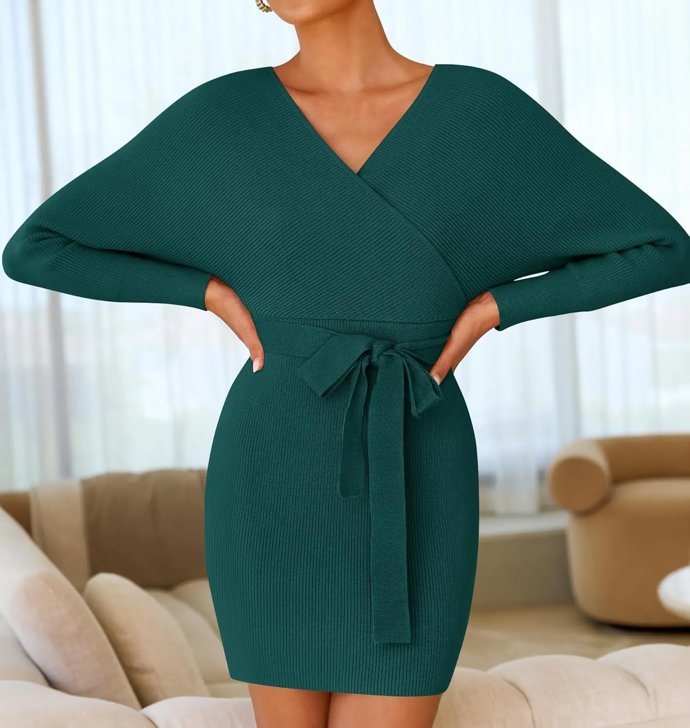 ZESICA Women's Fall Long Batwing Sleeve Wrap V Neck Knitted Backless Bodycon Pullover Sweater Dress with Belt