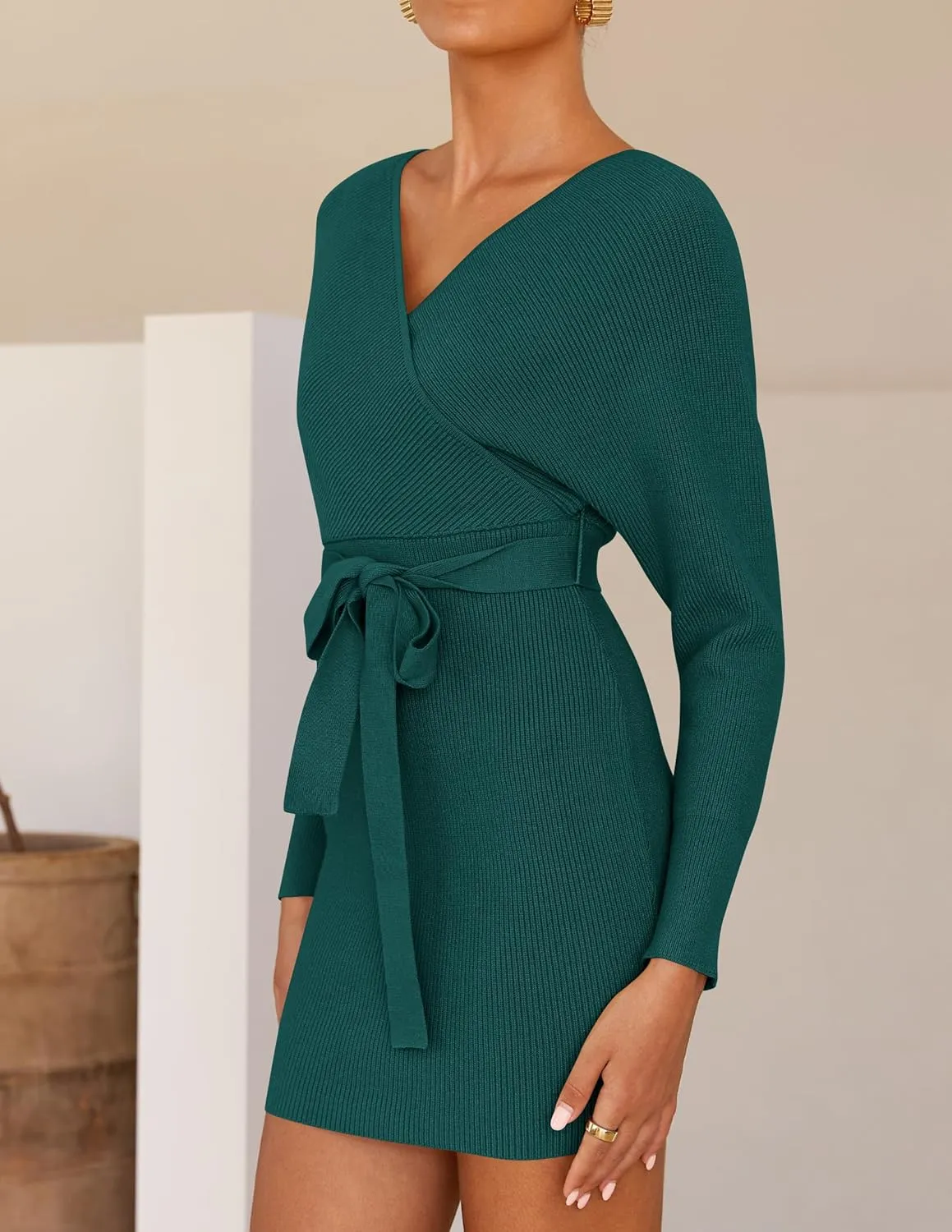 ZESICA Women's Fall Long Batwing Sleeve Wrap V Neck Knitted Backless Bodycon Pullover Sweater Dress with Belt