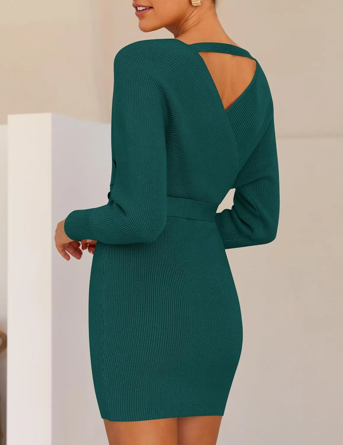 ZESICA Women's Fall Long Batwing Sleeve Wrap V Neck Knitted Backless Bodycon Pullover Sweater Dress with Belt