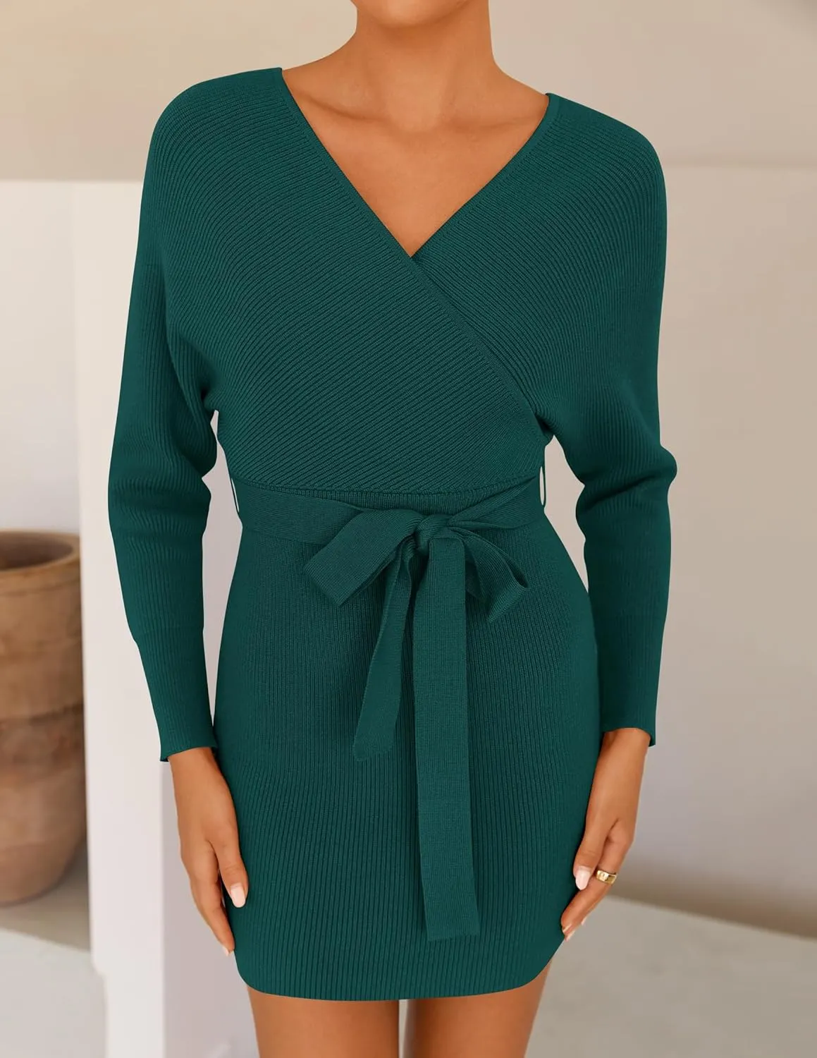 ZESICA Women's Fall Long Batwing Sleeve Wrap V Neck Knitted Backless Bodycon Pullover Sweater Dress with Belt